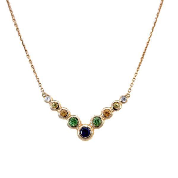 14K Yellow Gold Necklace with Round Multi-colured gemstones