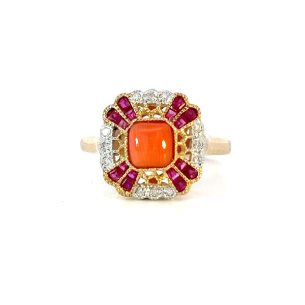 9K Yellow Gold Ring Natural Coral, Rubies and Diamonds