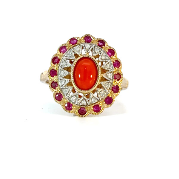 9K Yellow Gold Ring Natural Coral, Rubies and Diamonds