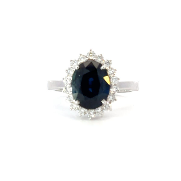 18K White Gold Ring Oval Blue Sapphire 4.01 Carat 18 Round White Diamonds TDW 0.47 Carat
