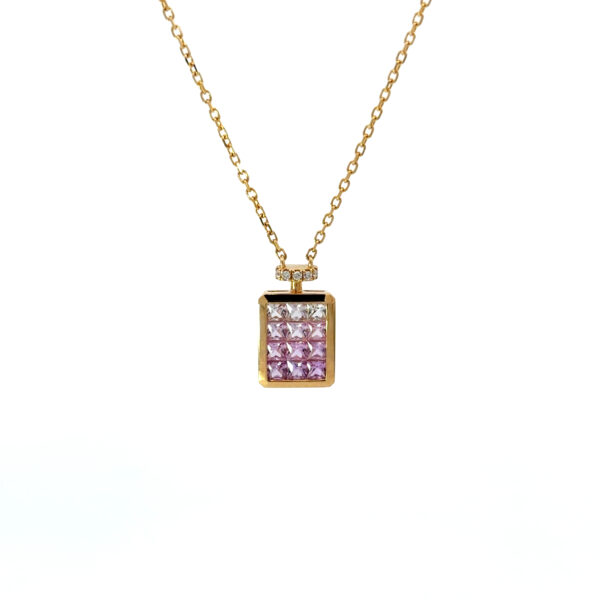 18K Yellow Gold Necklace 12 Pink Sapphires TCW 0.63 Carat Round White Diamonds TDW 0.01 Carat
