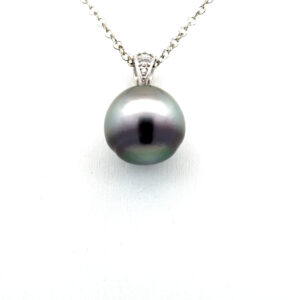 18K White Gold Pendant Cultured Tahitian Pearl 13-14mm and 3 Round White Diamonds TDW 0.05 Carat
