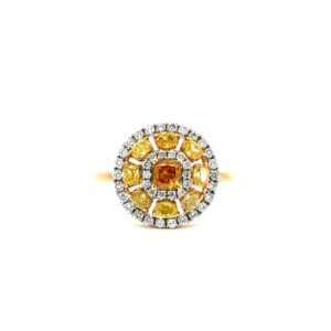 18K Yellow Gold Ring, 1 Chocolate Diamond 0.30 Carat, 8 Yellow Diamonds 1.02 Carat, 40 Diamonds 0.40 Carat
