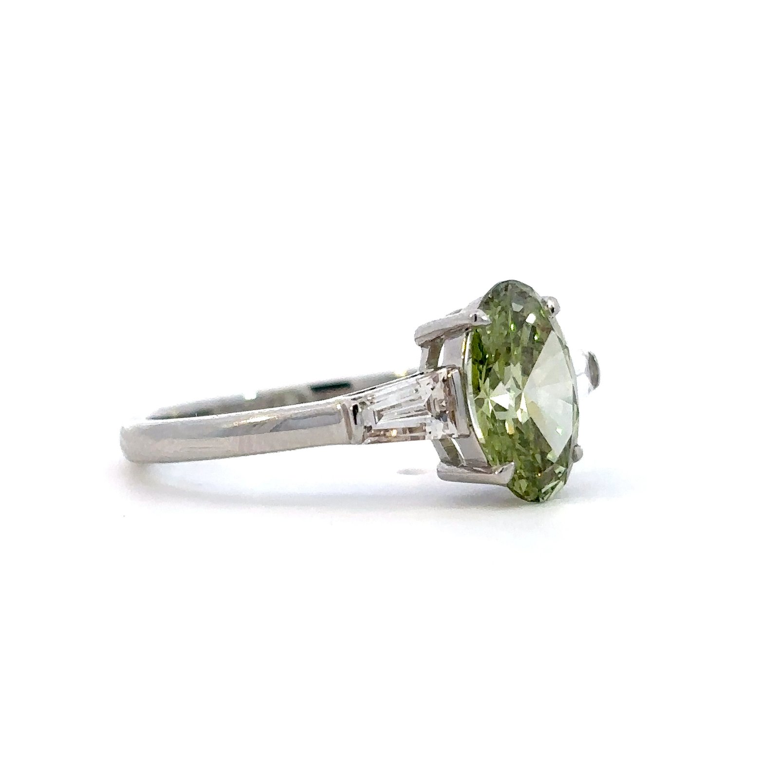 Platinum Ring Lab Grown Oval Green Diamond and White Baguette Diamonds TDW 1.94 Carat - Image 3