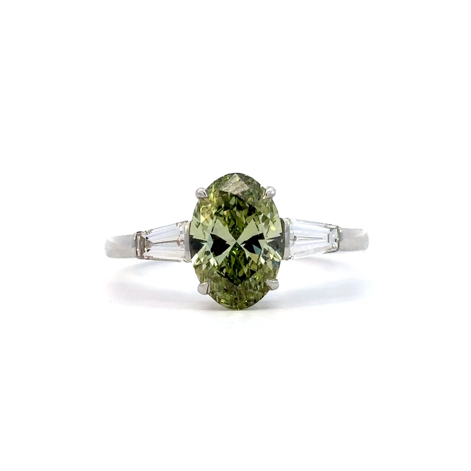 Platinum Ring Lab Grown Oval Green Diamond and White Baguette Diamonds TDW 1.94 Carat