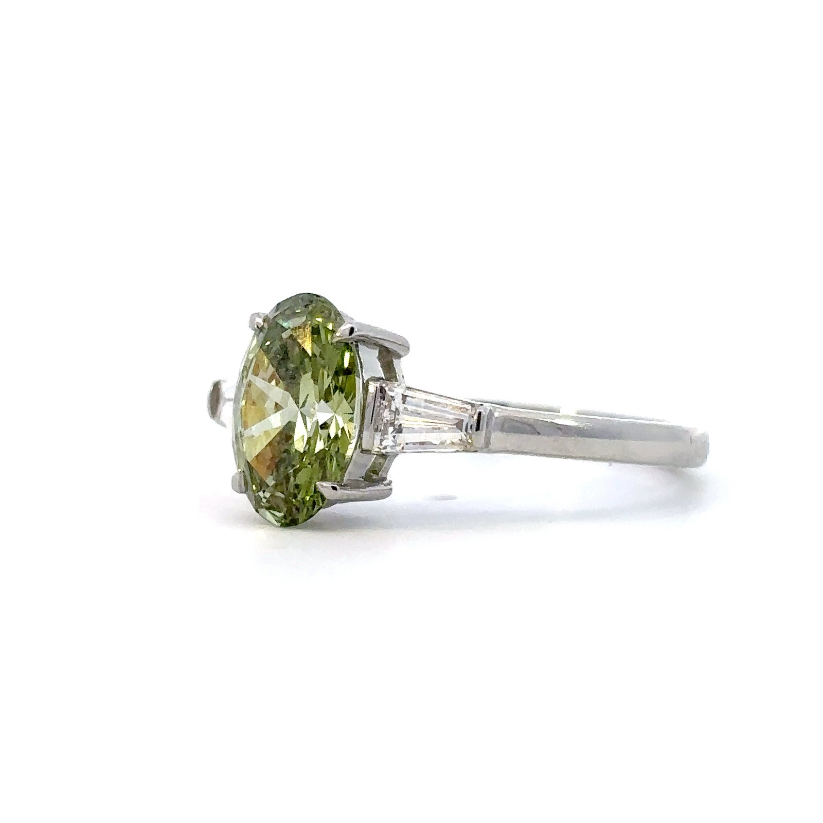Platinum Ring Lab Grown Oval Green Diamond and White Baguette Diamonds TDW 1.94 Carat - Image 2