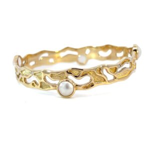 9K Yellow Gold Solid Bangle Diamond 0.09 Carat G/SI Mabé Pearl 8mm