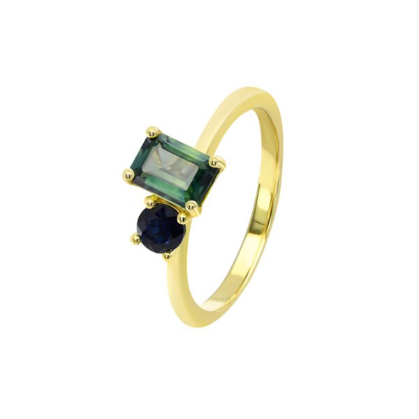9K Yellow Gold Ring Blue and Teal Sapphires