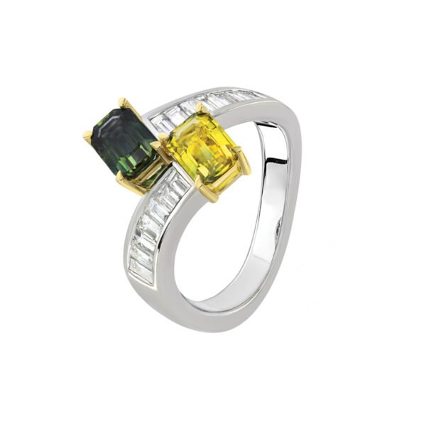 18K White and Yellow Gold Ring Teal and Yellow Emerald Cut Sapphires