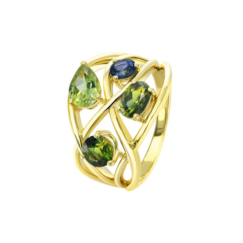 9K Yellow Gold Ring with Light Green, Green and Blue Baquette Sapphires