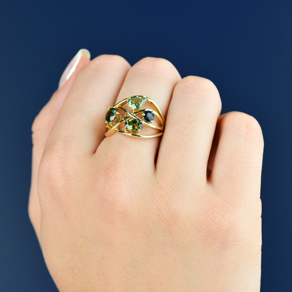 9K Yellow Gold Ring with Light Green, Green and Blue Baquette Sapphires - Image 3