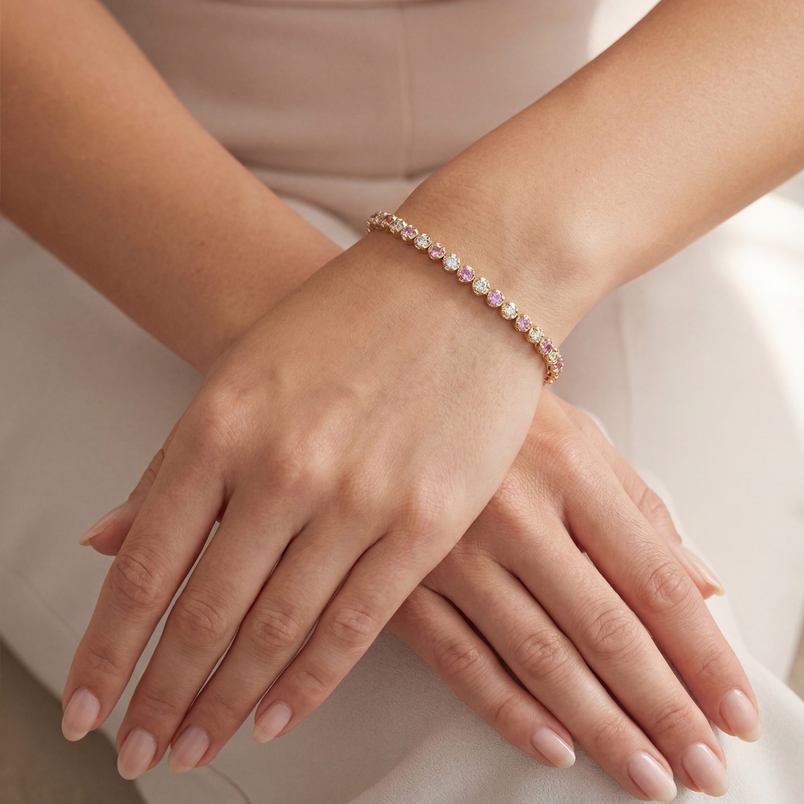 9K Yellow Gold Bracelet Diamonds 1.12 Carat Pink Sapphires 1.58 Carat