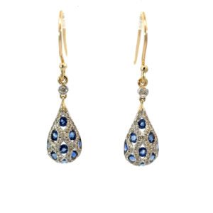 9K Yellow Gold Earrings Diamonds 0.38 Carat, Ceylon Sapphires 1.05 Carat