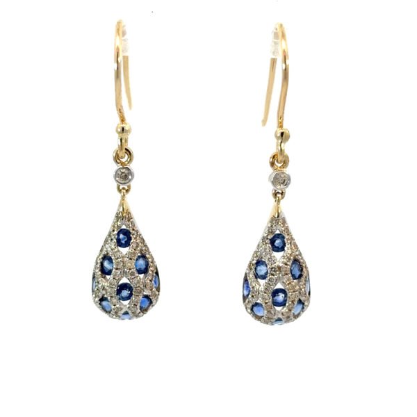 9K Yellow Gold Earrings Diamonds 0.38 Carat, Ceylon Sapphires 1.05 Carat
