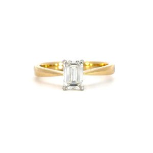 18K Yellow & White Gold Ring Emerald Cut Diamond 1.0 Carat