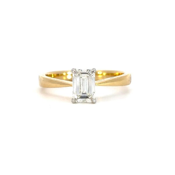 18K Yellow & White Gold Ring Emerald Cut Diamond 1.0 Carat