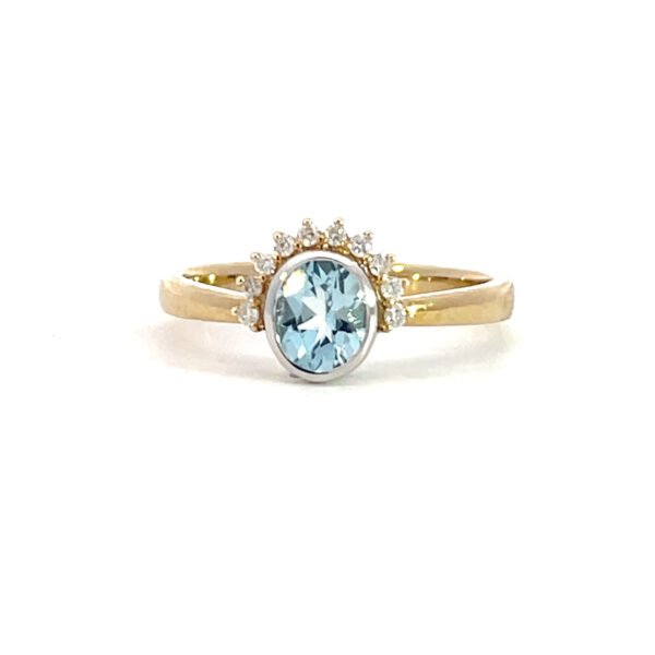 9K Yellow & White Gold Ring Aquamarine 0.5 Carat Round Diamonds TDW 0.08 Carat