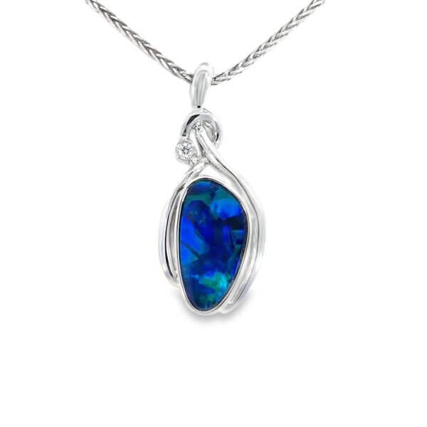 14K White Gold Pendant with Doublet Opal 1.76 Carat and Round Diamond 0.015 Carat