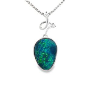 14K White Gold Pendant with Doublet Opal 2.84 Carat and 2 Round Diamonds TDW 0.037 Carat