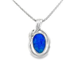 14K White Gold Pendant with Doublet Opal 1.10 Carat and 3 Round Diamonds TDW 0.018 Carat