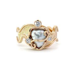 9K White Gold Keshi Pearl Ring with 3 Round Diamonds TDW 0.22 Carat