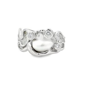 9K White Gold Broome Keshi Pearl Ring with 3 Round Diamonds TDW 0.21 Carat