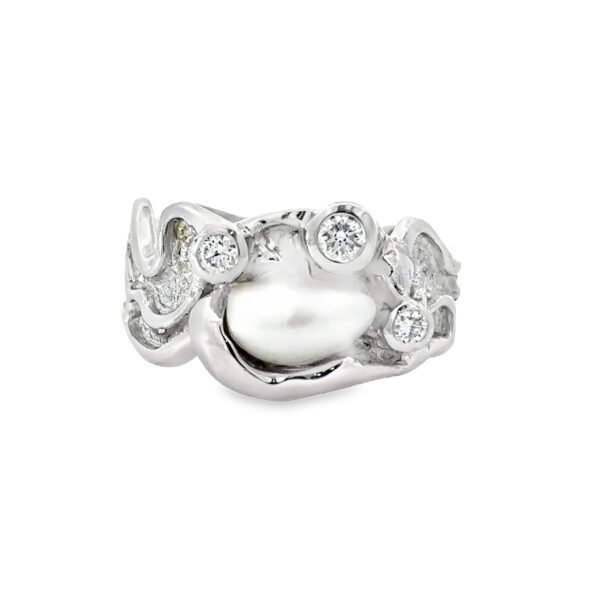 9K White Gold Broome Keshi Pearl Ring with 3 Round Diamonds TDW 0.21 Carat
