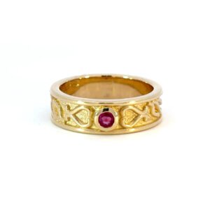 9K Yellow Gold Heart Scoll designed Ring with a Ruby