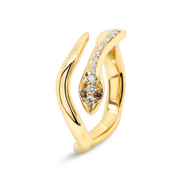 9K Yellow Gold Ring with 2 Round Champagne Diamonds TDW 0.02 Carat and 14 Round White Diamonds TDW 0.133 Carat