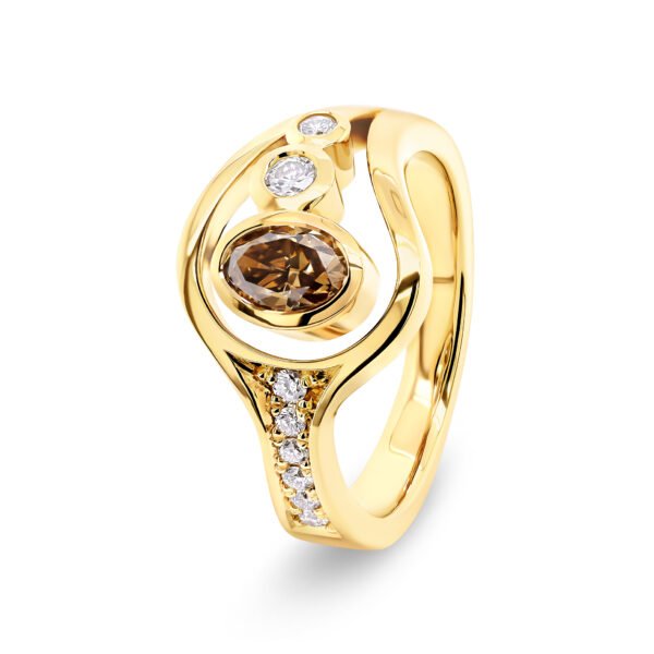 9K Yellow Gold Ring with Oval Champagne Diamond 0.52 Carat and 8 Round White Diamonds TDW 0.203 Carat