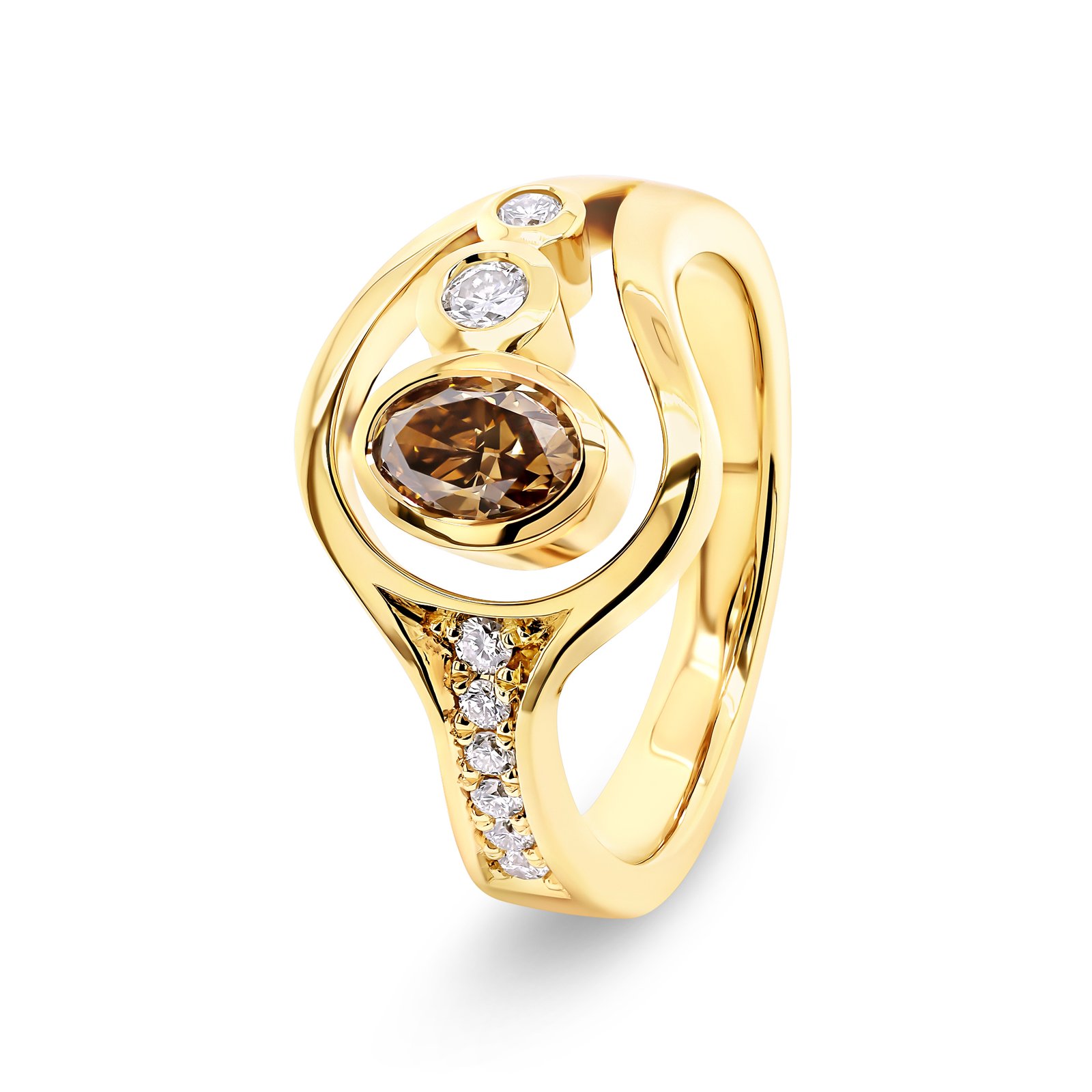 9K Yellow Gold Ring with Oval Champagne Diamond 0.52 Carat and 8 Round White Diamonds TDW 0.203 Carat