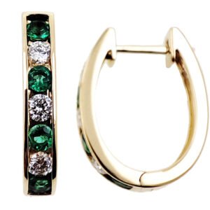 18K Yellow Gold Huggie Earring with 8 Round Emeralds TCW 0.42 Carat and 6 Natural Round White Diamonds TDW 0.32 Carat