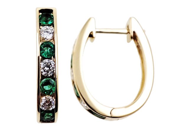 18K Yellow Gold Huggie Earring with 8 Round Emeralds TCW 0.42 Carat and 6 Natural Round White Diamonds TDW 0.32 Carat