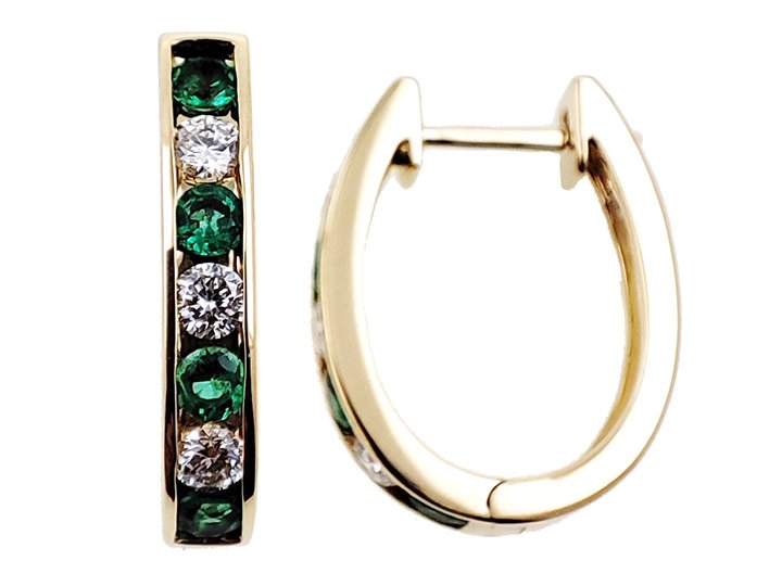 18K Yellow Gold Huggie Earring with 8 Round Emeralds TCW 0.42 Carat and 6 Natural Round White Diamonds TDW 0.32 Carat