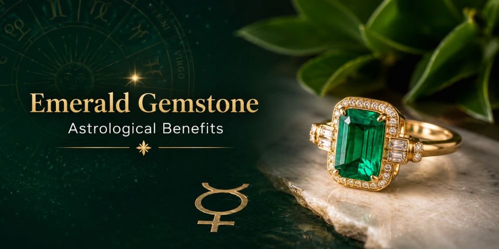 Luxury emerald gemstone astrology-themed feature image showcasing an elegant emerald ring with gold detailing, celestial zodiac elements and the title “Emerald Gemstone Astrological Benefits” on a rich dark green background.