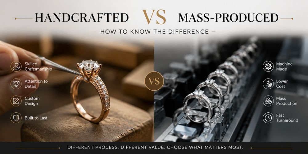 Handcrafted vs mass-produced jewellery comparison showing an artisan hand-setting a diamond ring beside a factory production line of engagement rings, highlighting craftsmanship, custom design and manufacturing differences.
