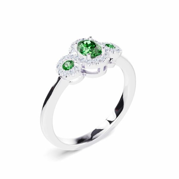 18K White Gold Ring with 3 Emeralds TCW 0.37 Carat and 30 Round White Diamonds TDW 0.13 Carat