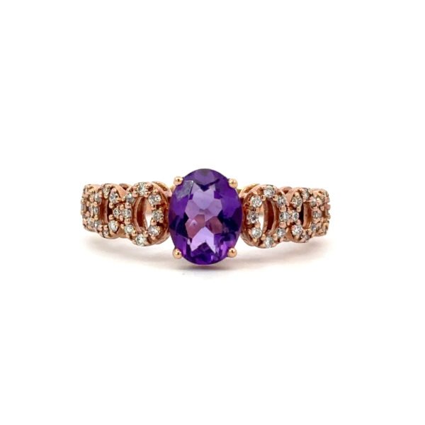 9K Rose Gold Ring with Oval Amethyst 0.98 Carat and 48 Round White Diamonds TDW 0.182 Carat