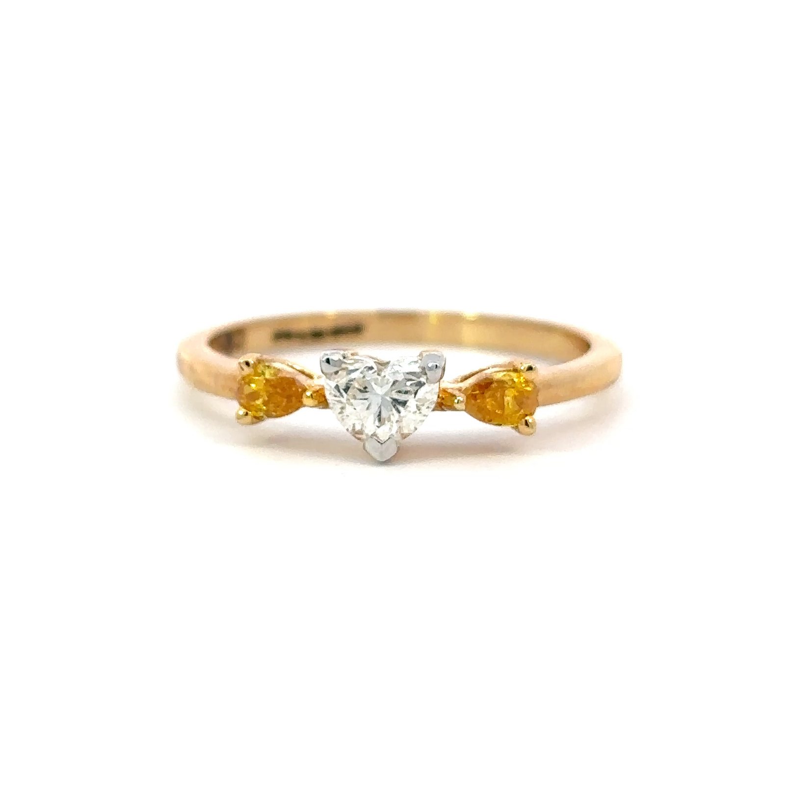 18K Yellow Gold Ring with Heart shaped White Diamond 0.36 Carat and 2 Pear shaped Yellow Diamonds TDW 0.2 Carat