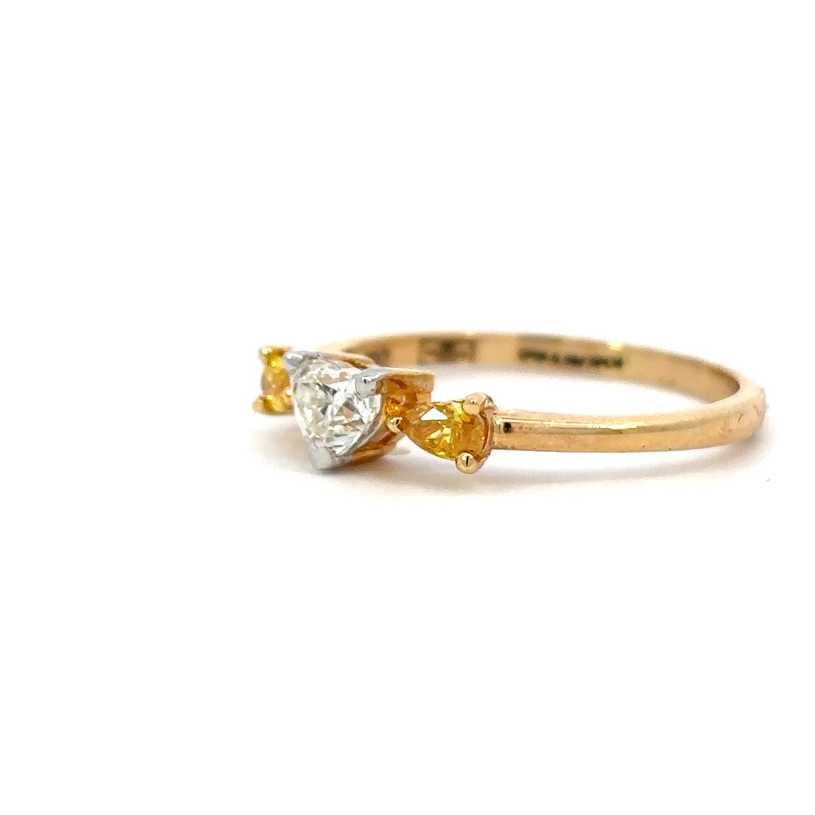 18K Yellow Gold Ring with Heart shaped White Diamond 0.36 Carat and 2 Pear shaped Yellow Diamonds TDW 0.2 Carat - Image 2