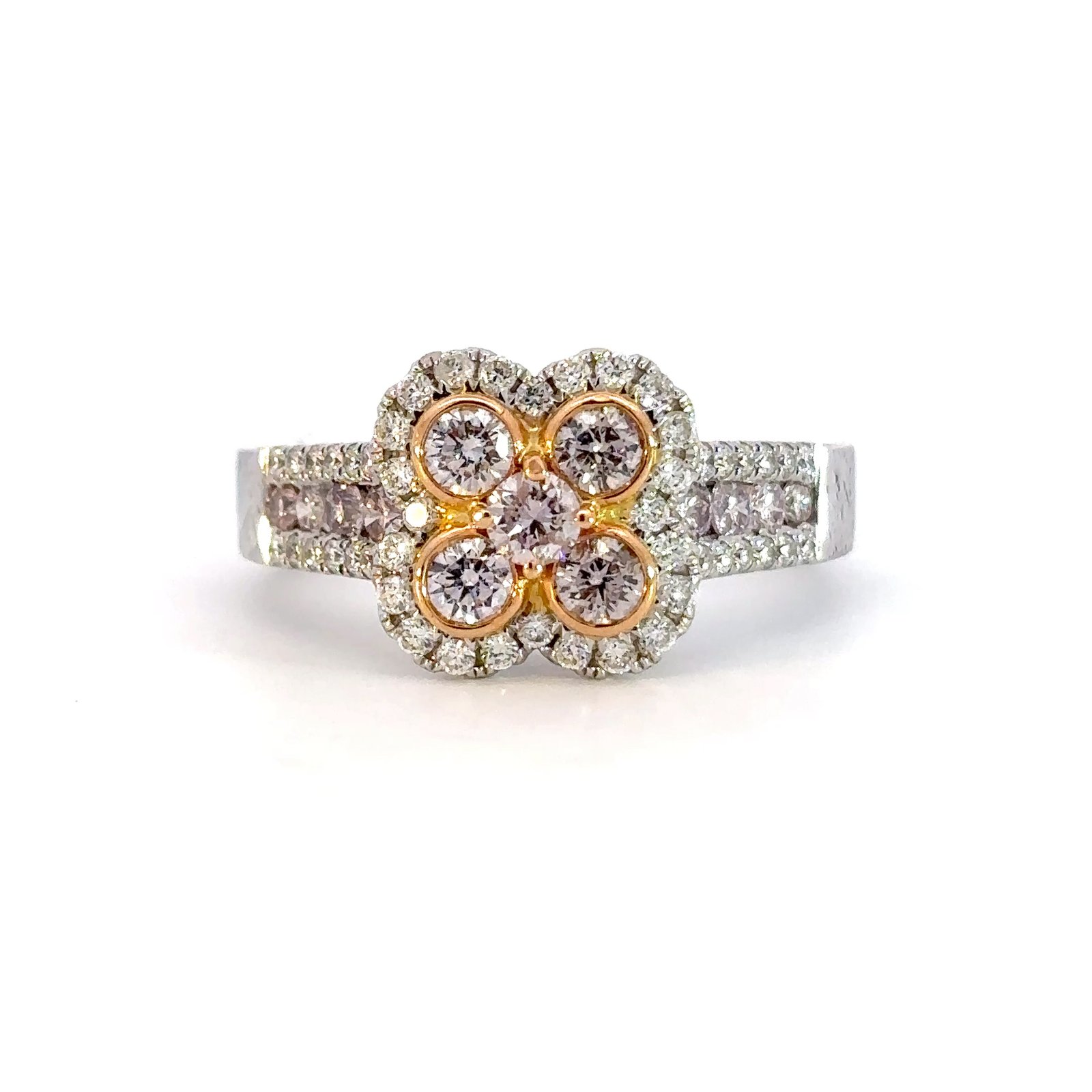18K White Gold Ring with 48 Round White Diamonds TDW 0.33 Carat and 13 Pink Round Diamonds 0.73 Carat