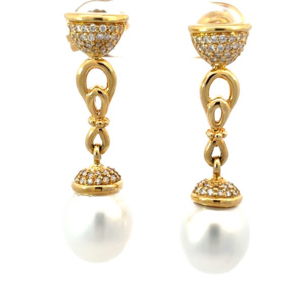 18K Yellow Gold Drop Earrings with 2 South Sea Pearls and 100 Round Diamonds TDW 0.50 Carat