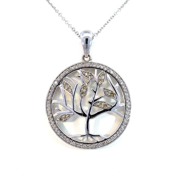 14K White Gold Tree Pendant with 14 Round Green Diamonds TDW 0.26 Carat and 67 Round White Diamonds TDW 0.40 Carat