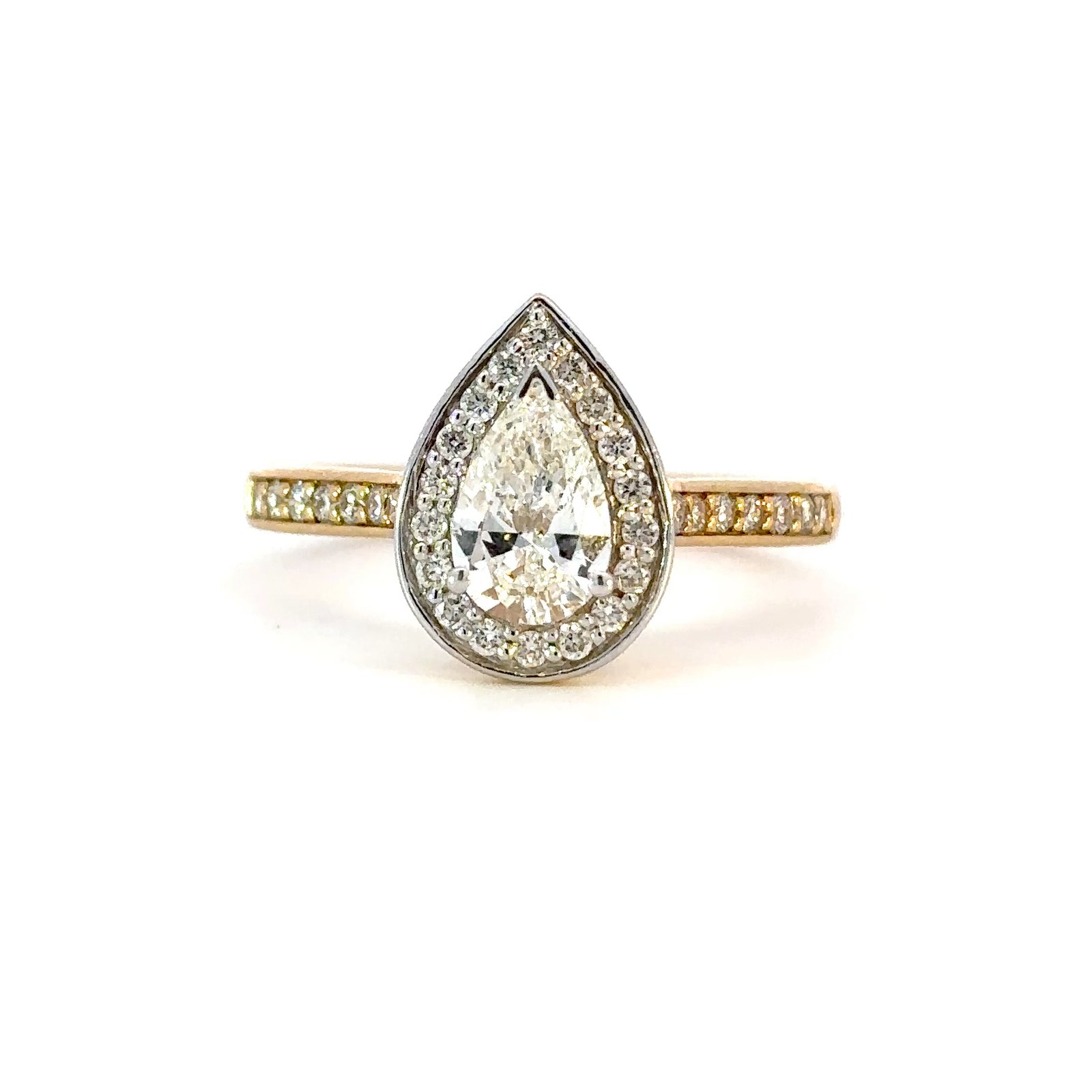 18K Yellow Gold Ring with Pear cut White Diamond 0.70 Carat and 32 Round White Diamonds TDW 0.31 Carat