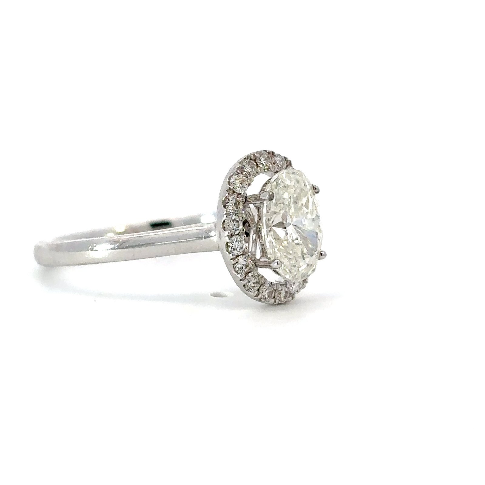 18K White Gold Halo Ring with Oval White Diamond 1.01 Carat and 18 Round White Diamonds TDW 0.19 Carat - Image 2