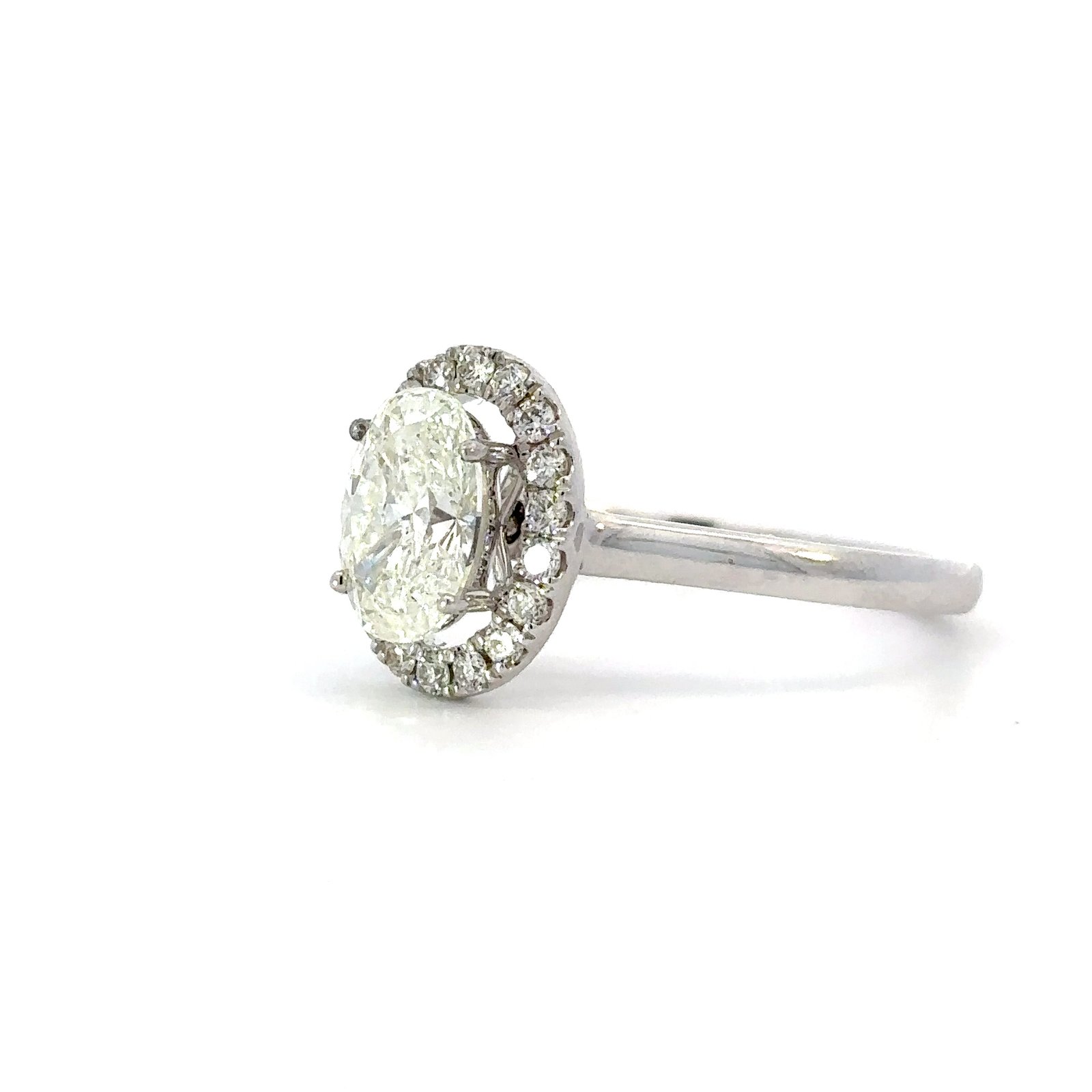 18K White Gold Halo Ring with Oval White Diamond 1.01 Carat and 18 Round White Diamonds TDW 0.19 Carat - Image 4