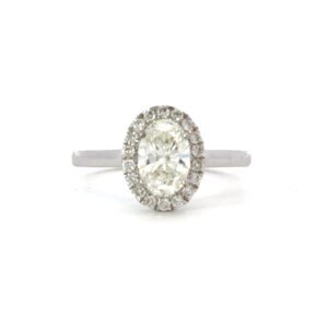 18K White Gold Halo Ring with Oval White Diamond 1.01 Carat and 18 Round White Diamonds TDW 0.19 Carat