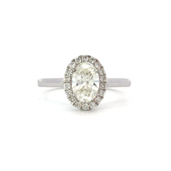 18K White Gold Halo Ring with Oval White Diamond 1.01 Carat and 18 Round White Diamonds TDW 0.19 Carat