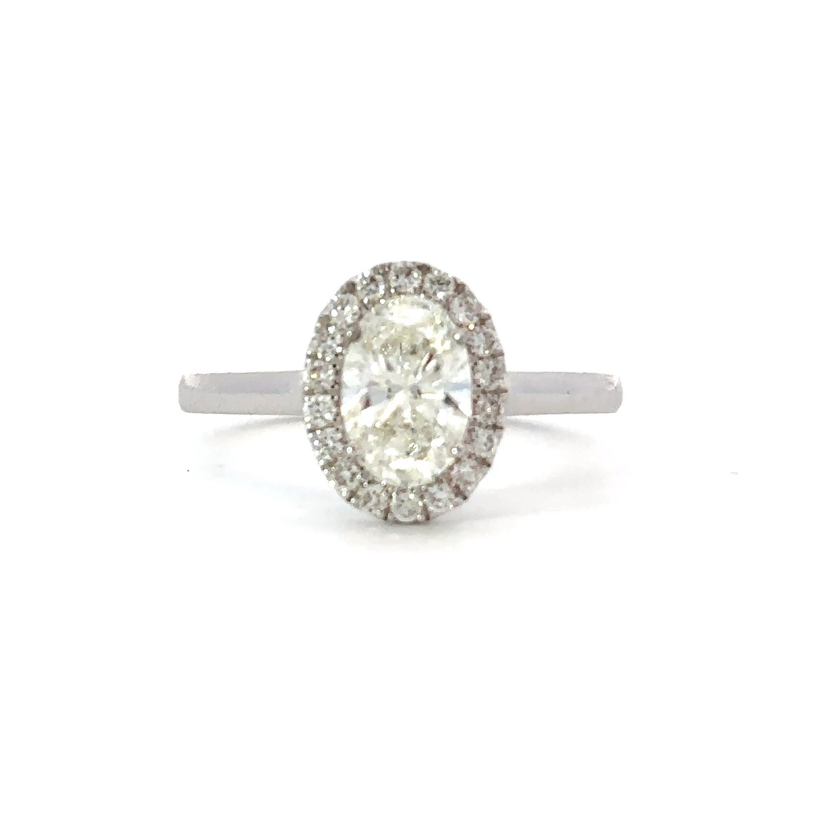 18K White Gold Halo Ring with Oval White Diamond 1.01 Carat and 18 Round White Diamonds TDW 0.19 Carat