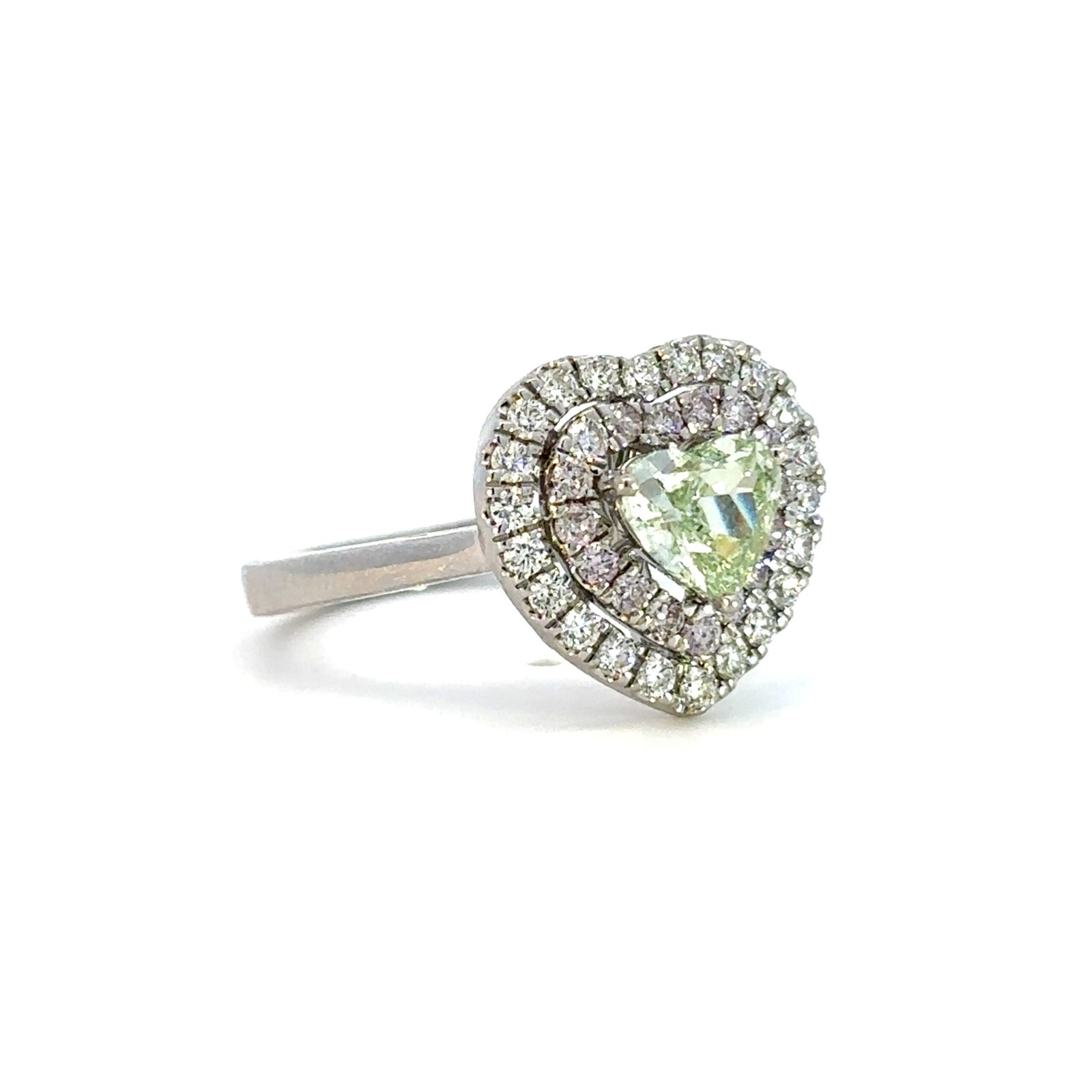 18K White Gold Ring with Heart shaped Green Diamond 0.70 Carat, 16 Round Pink Diamonds TDW 0.209 Carat and 22 Round White Diamonds TDW 0.231 Carat - Image 3